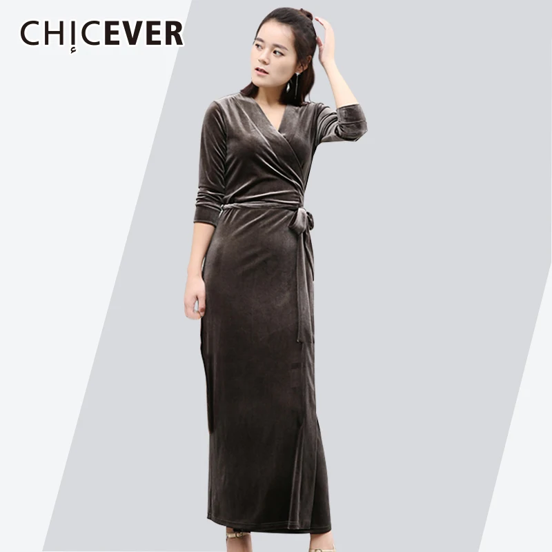 

CHICEVER 2019 Autumn Velvet Slim Women Dress Female High Waist Hem Split Long Sleeve Plus Size Dresses Women's Clothing Fashion