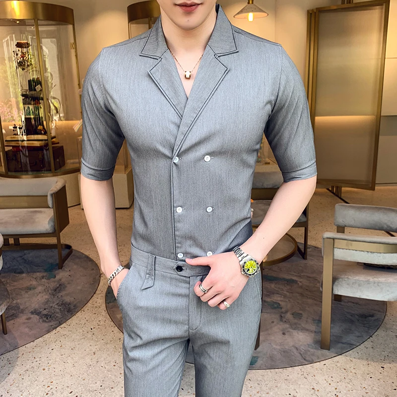 Летние однотонные Цвет двубортное 2 шт наборы Для мужчин Ropa De Hombre Slim Fit Erkek Giyim