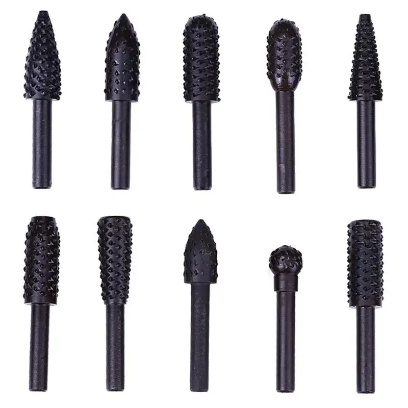 10pcs 1/4'' 6mm Shank Rotary Burr Set Wood Rasp File Drill Bits Rotary Rasp Set for Woodworking Rotary File Grinding Head