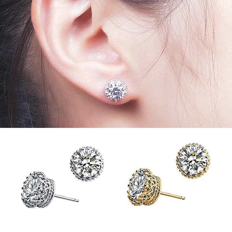 

8mm Golden Silver Party Crystal Clear Crown Stud Earring Valentines Gift 2018 New Arrival Zircon High Quality 1Pair Graceful