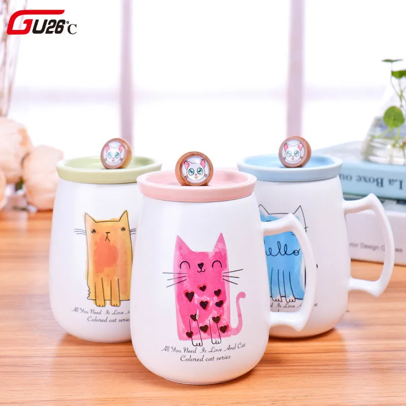 

4 Colors Creative Couple Mug With Lid Spoon Cartoon Cat Ceramic Cup Cute Coffee Milk Tea Cup Personality Daily Novelty Cup