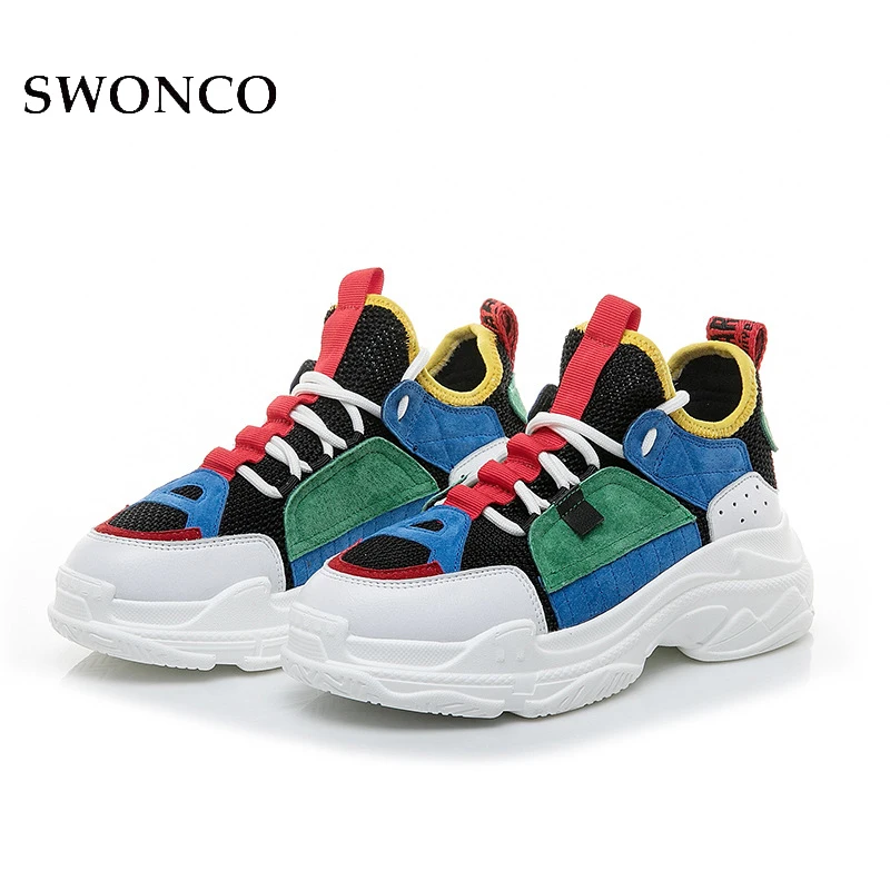 

SWONCO Shoes Women Chunky High Heel 2019 Summer Design Blue Dad Shoes Causal Female Platform Sneakers For Women Breathable Wedge