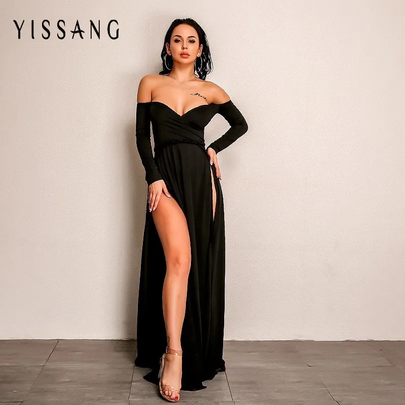 

Yissang Vestidos Verano 2018 Sexy Dress Women Slash Neck Elegant Club Maxi Dresses Long Sleeve Split Party Dress
