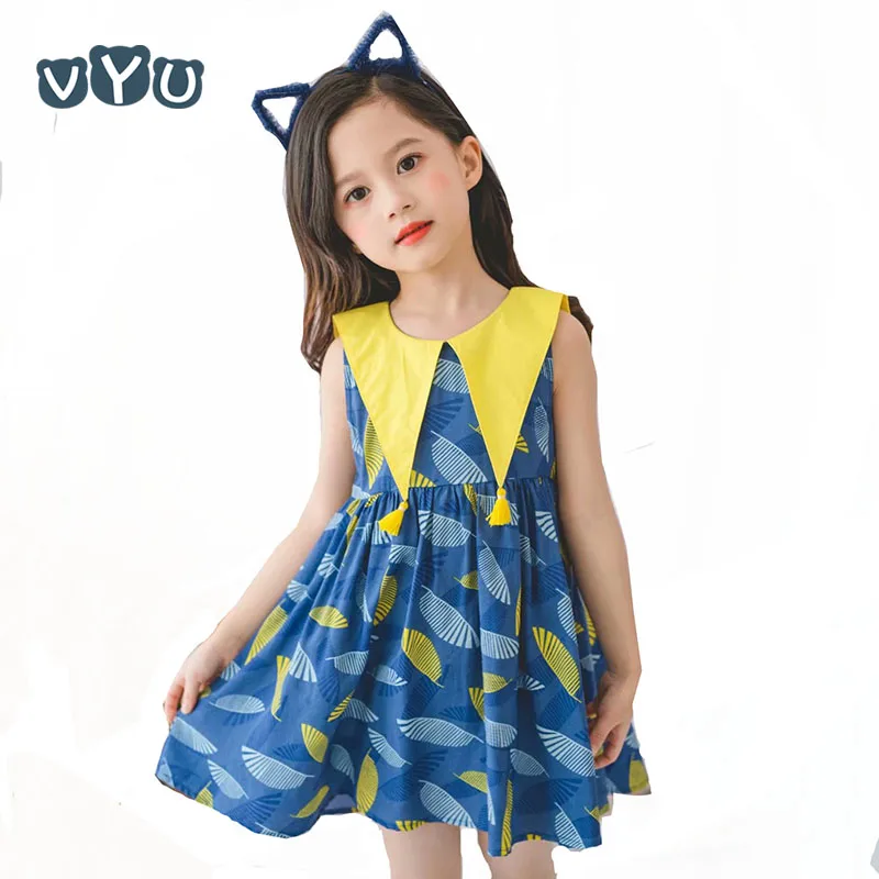 

2019 Summer Sleeveless Leaves Printed Dress Cotton Pleated Princess Dress Girls Party Vestidos Blue/Pink For 3~10Yrs