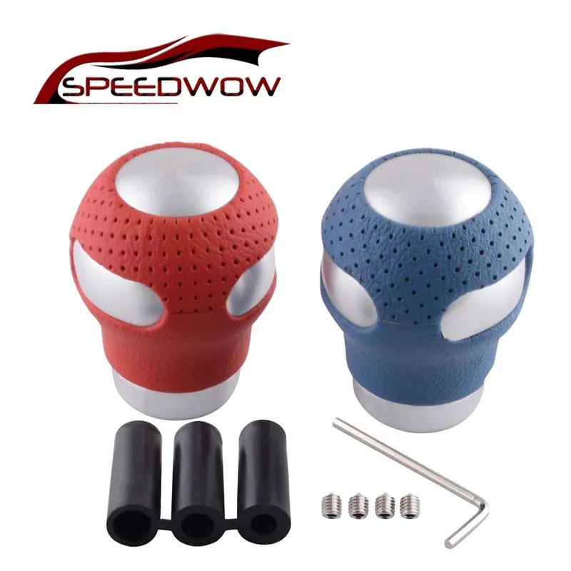 

SPEEDWOW 1Pcs Universal Leathern Car Shifter Gear Knob Racing Gear Shift Knobs With 3 Switches Red/Blue Color