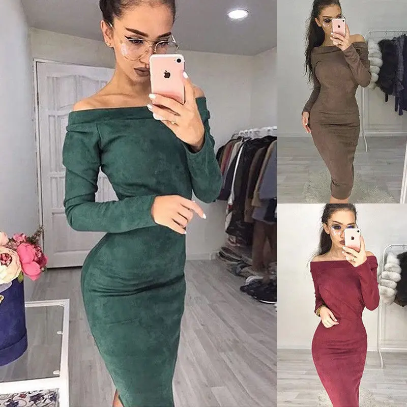 

Fashion Women Off Shoulder Long Sleeve Bodycon Casual Party Evening Midi Club Dress