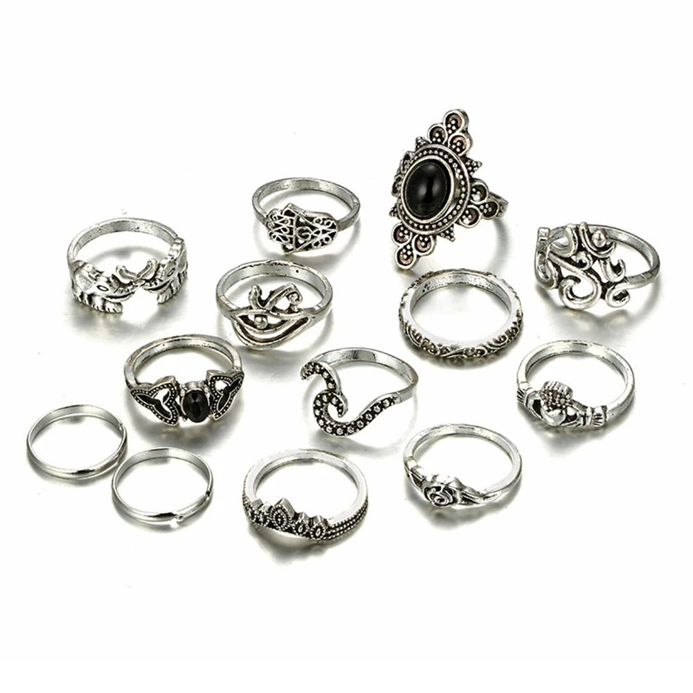 Xy Fancy 13pcs Set Women Retro Hollow Out Geometric Artificial Black Gem Design Ring Delicate Jewel Ring Rings Aliexpress