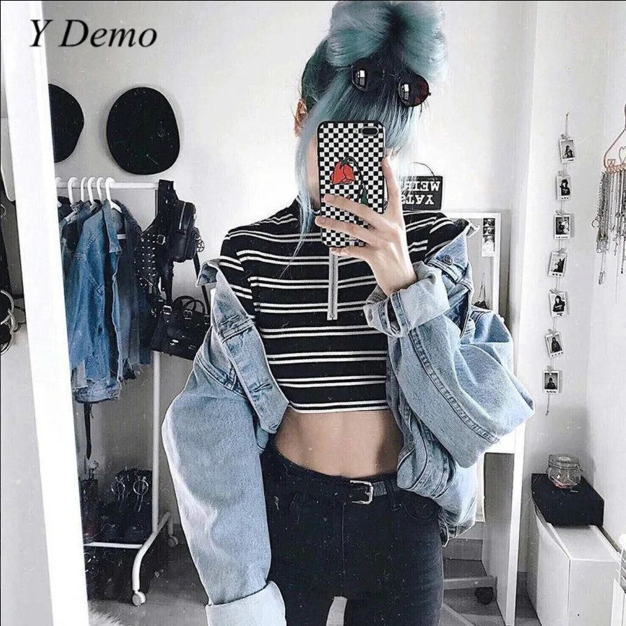 

New Streetwear Casual Stripe T-shirt Long Sleeve Zipper Collar Harajuku Crop Tops Plus Size