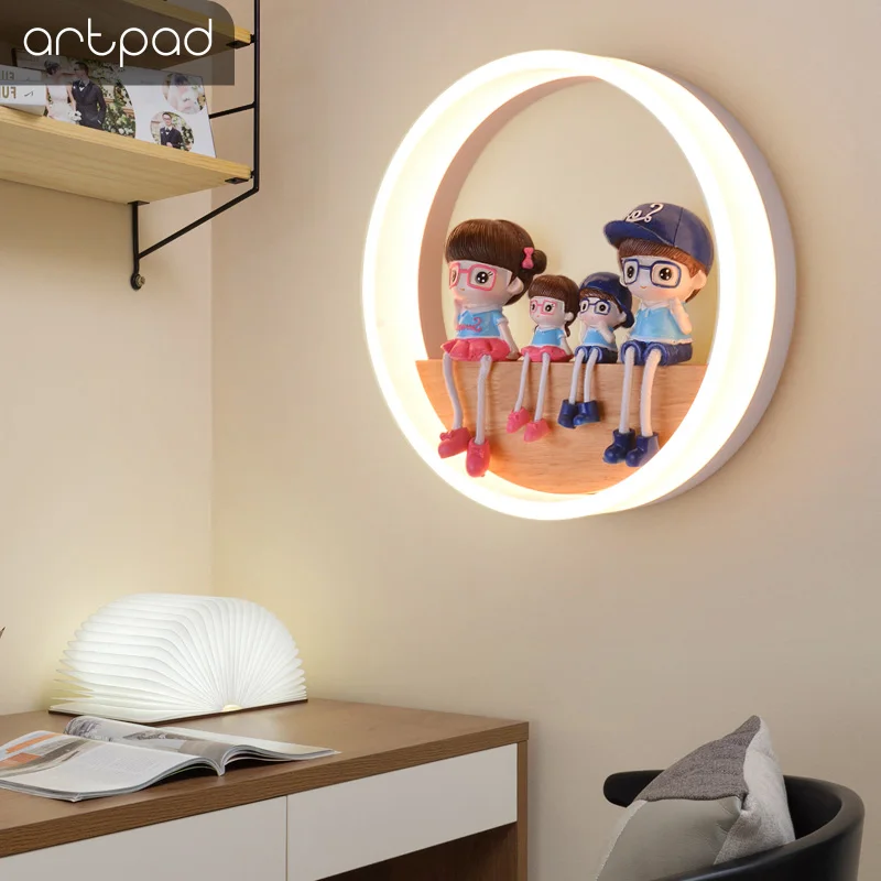 Artpad 19W Metal Frame Bedside Round Wall Lamp With Lovely Cartoon Character Warm White Foyer Bedroom Study Led Wall Light