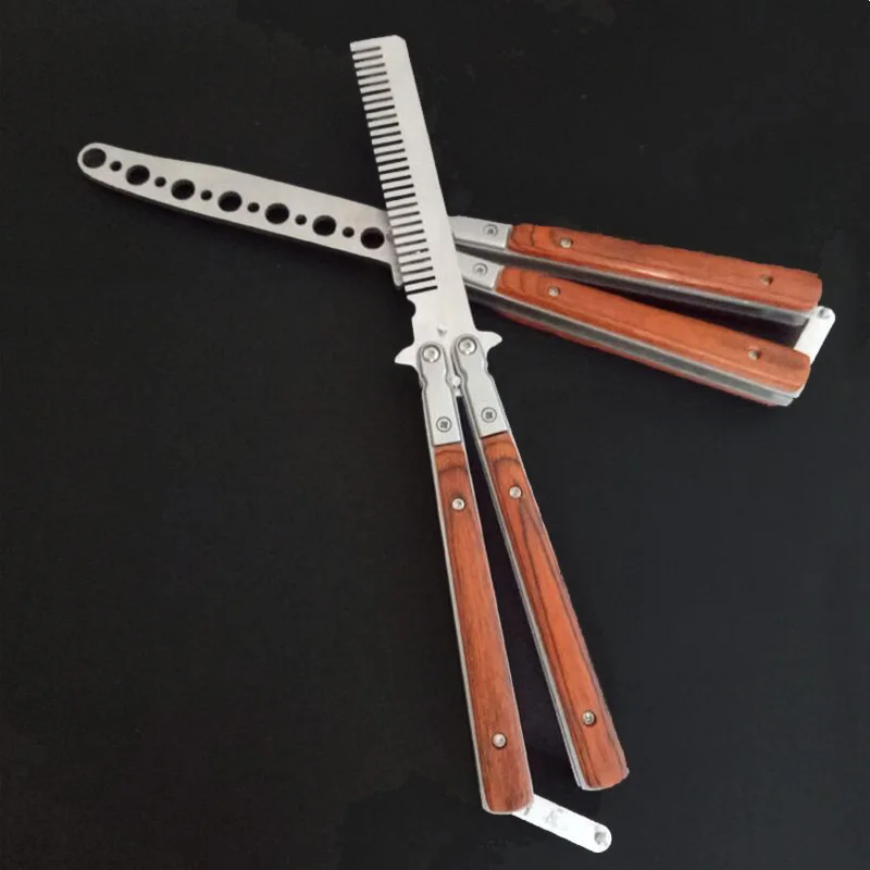 Stainless Steel Butterfly Folding Comb Knife Salon Barber Practice Training Wooden Handle Wide Tooth Metal Hair Brush Combs | Красота и