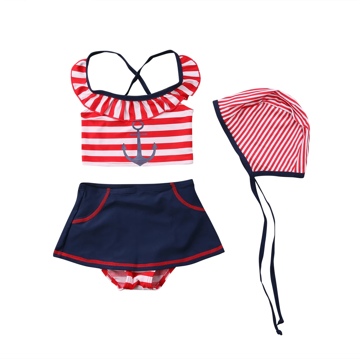 4pcs Baby Kid Girls Swimming Costume Little Girl Stirped Bathing Swimsuit Bikini Set Swimwear+Hat Summer