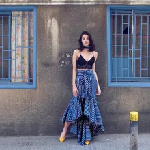 Женская плиссированная длинная юбка в синюю полоску ассиметричный, с высокой талией асимметричные юбки длиной до пола Boho галстук-бабочка пояса пляжные юбки