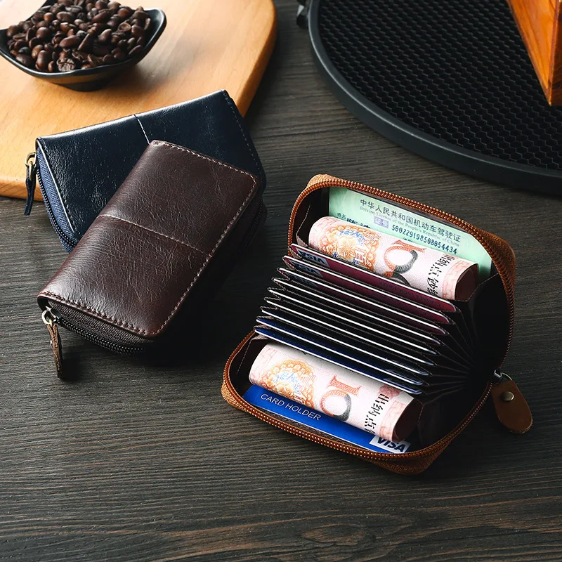 Cow leather business card holder men zipper blue/brown/coffee credit card wallet male 2020 retro bank/id/credit card holder