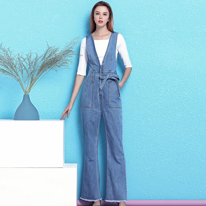 deep v denim jumpsuit