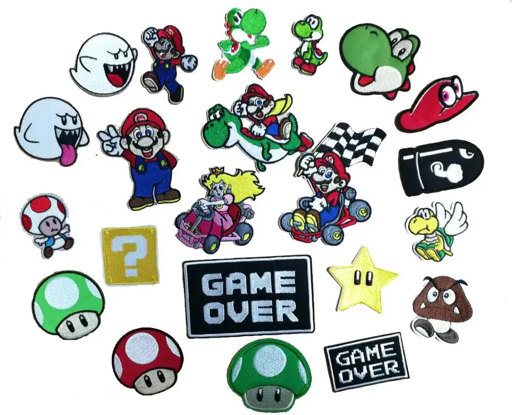 

GAME OVER Yoshi iron On Patch Mario Mushroom animal cartoon game embroidered cute kid's applique clothing accessories