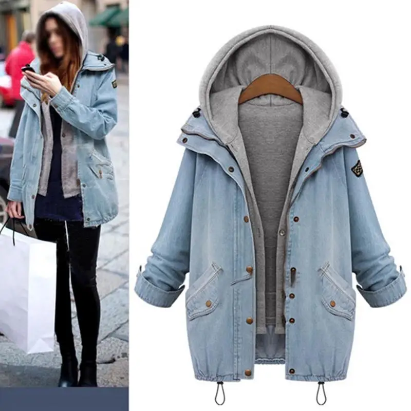 

MISS M Autumn Winter Women Two Piece Suit Fashion Casual Women Basic Jacket and Coats Denim Jeans Large Sized Women Coats