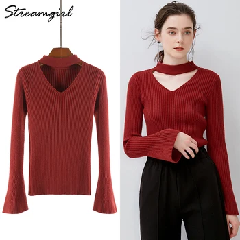 

Streamgirl Knitted Sweater Female Knitted Pullover Pull Femme Truien Dames Jersey Mujer Yellow V Neck Sweater Jumper Women Tops