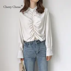 Cherry Chesse белый плиссированные для женщин Блузка Кнопка выдалбливают рубашка женская обувь осень весна тонкий топы корректирующие