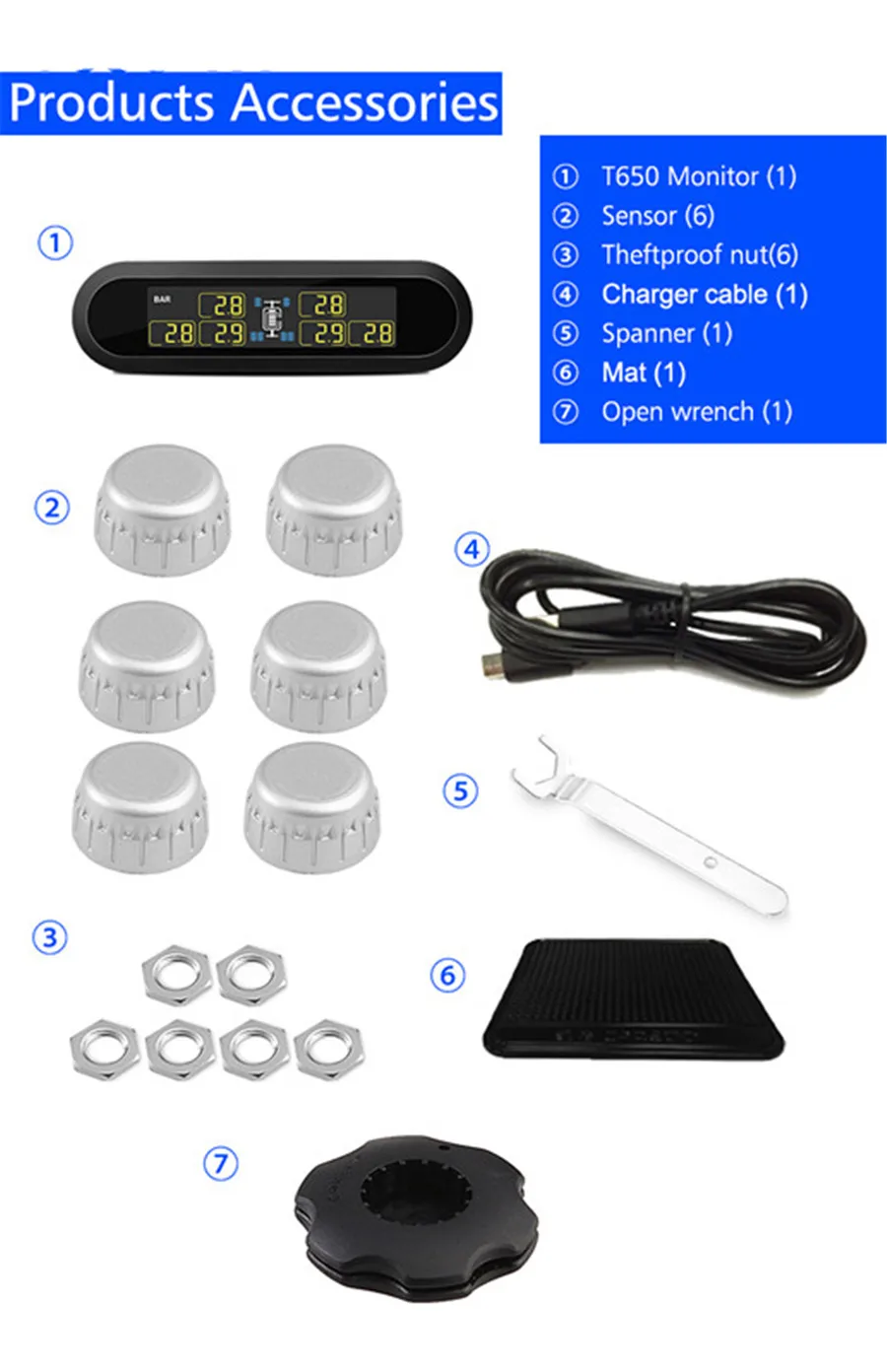 Беспроводная система контроля давления в шинах TPMS + 6 с ЖК дисплеем внешним