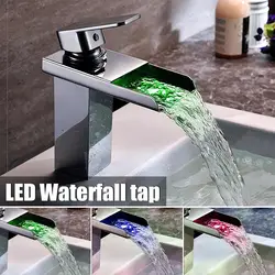 Светодиодный водопада, хромированный полированный кран, смеситель с одной ручкой, раковина для ванной комнаты, Смеситель для холодной и