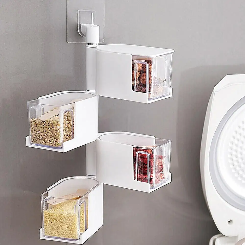 

360 Degree Wall-mounted Rotating Seasoning Box Spice Plastic Spice Jar Salt Sugar Pepper Bottle Holder Rack Kitchen Tools