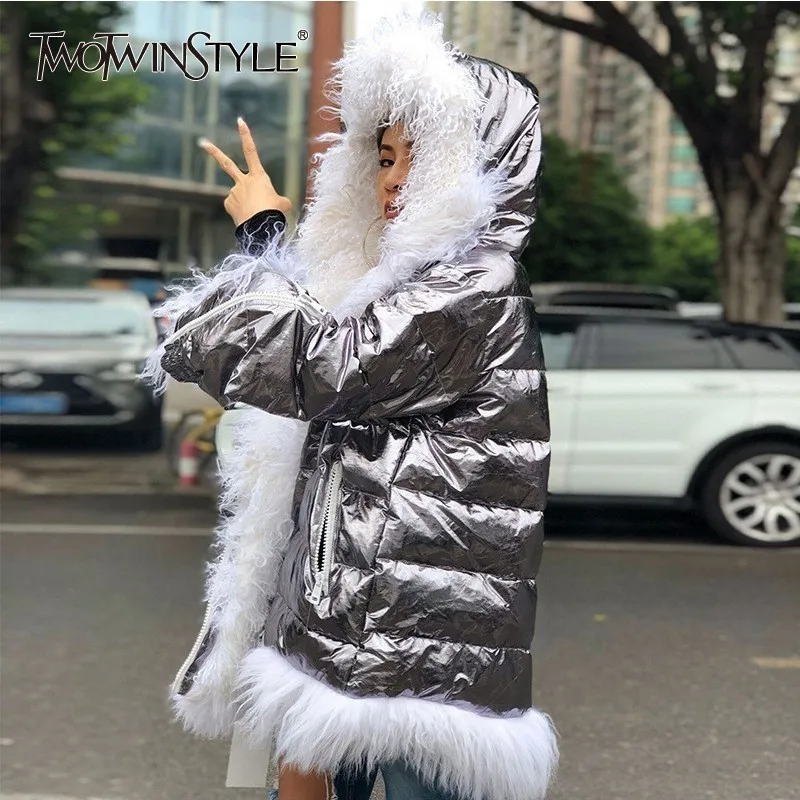

TWOTWINSTYLE Patchwork Woolen Winter Down Jackets For Women Zipper Long Sleeve Women's Hooded Coat Female 2019 Big Sizes Fashion
