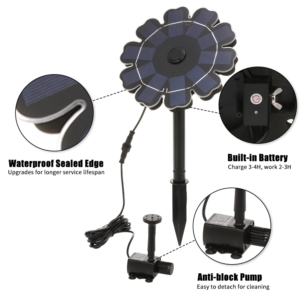 2,5 Вт Солнечный фонтанный насос, Солнечный водяной насос в форме цветка, солнечный спринклер, водяной насос для птичьей ванны, пруда, бассейна, сада, Декор