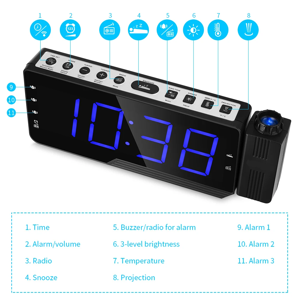  Reloj despertador de Radio Digital proyección temporizador temperatura pantalla Led Cable de carga 