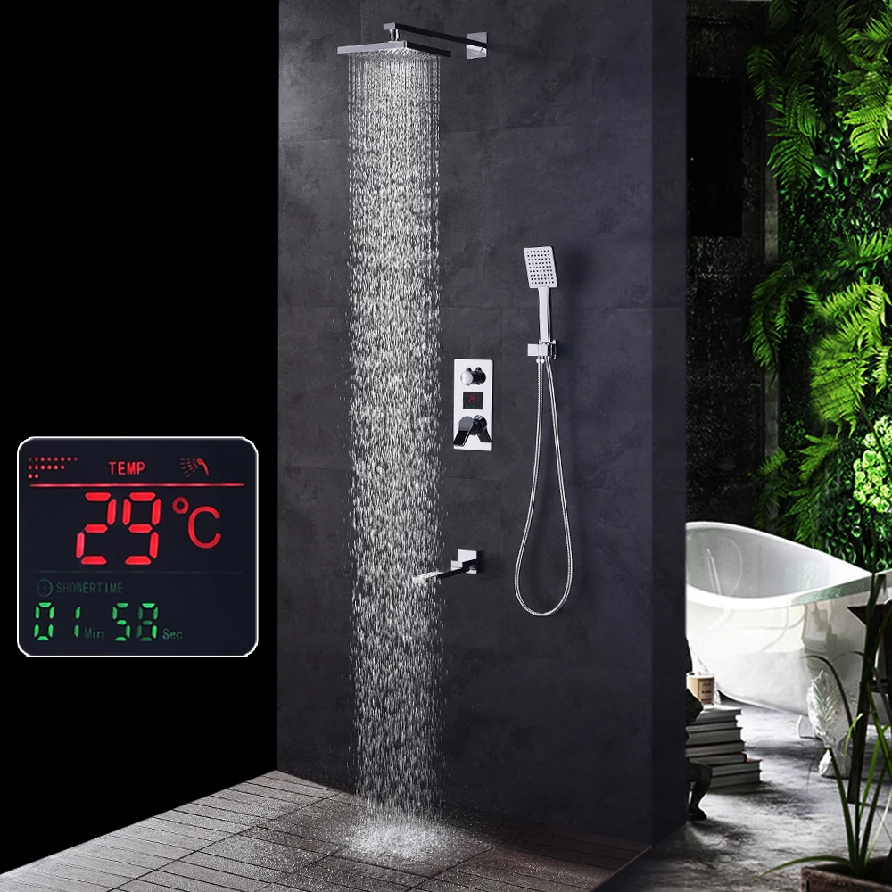 

SKOWLL LCD Set Rain Shower Head 3-way Handshower Digital Display Mixer Tap Bathroom wtih LED Faucet Shower System