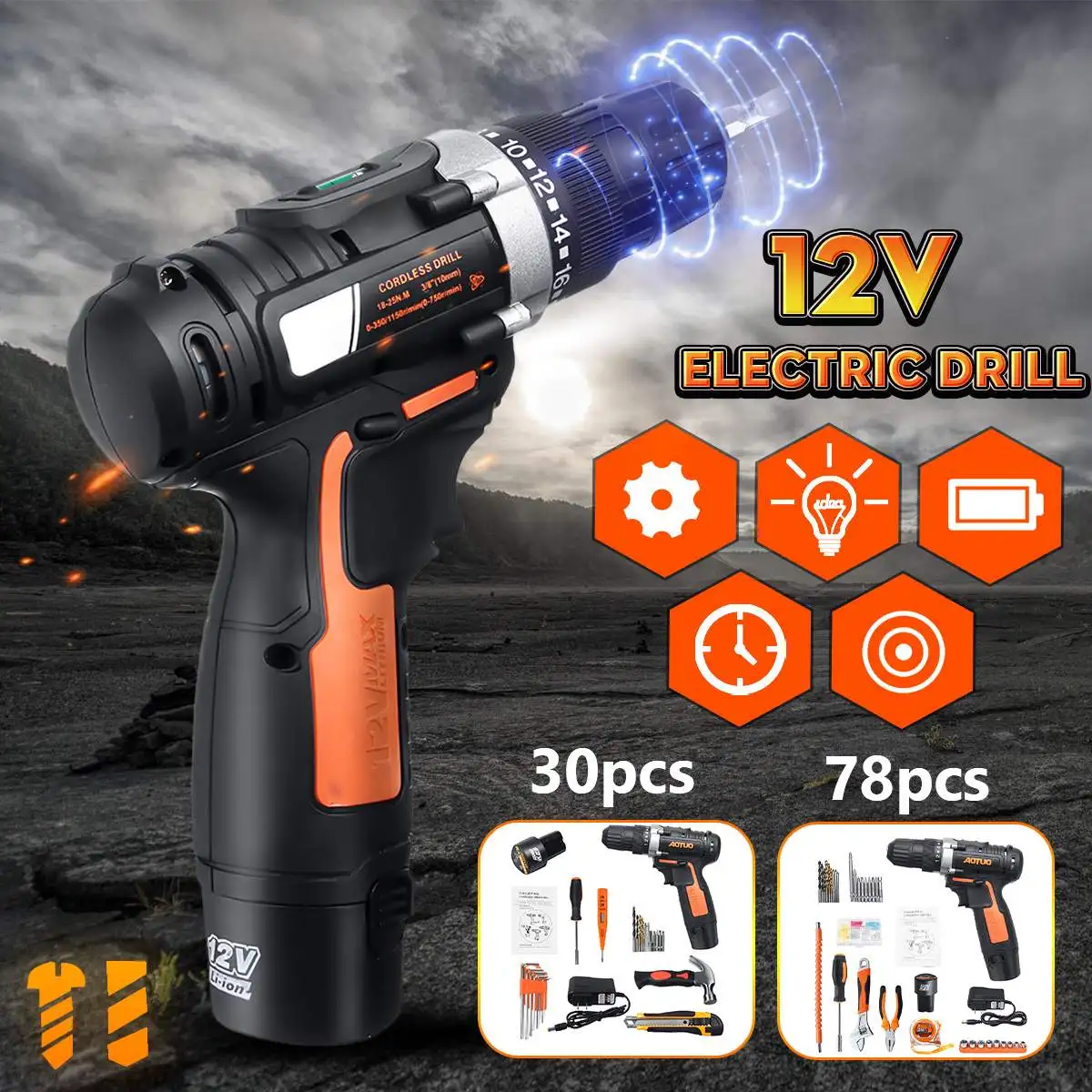 

12V Cordless Electric Screwdriver Drill + Power Bank Rechargeable Lithium 2 Batteries + Tools Kit Set Single Speed Multifunction