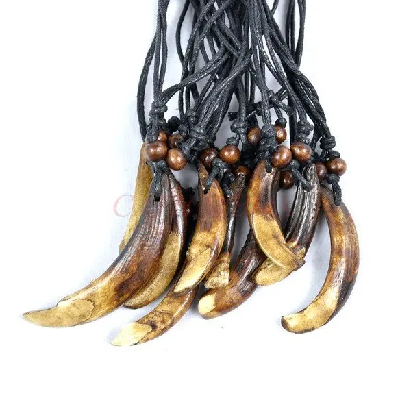 

Wholesale lot 5PCS Vintage Look Dark Brown White Tibetan Tribal Design Raw Wild Boar Tooth Charm Pendant Necklace 03