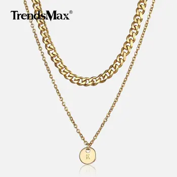 

Double Layer Gold Initial Letter A Z Coin Pendant Necklace for Women Long Cuban Rolo Link Chain Clavicle Choker Necklace DNM15