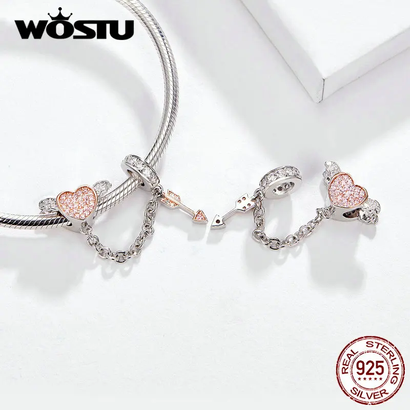 Günstige WOSTU Herz Flügel Pfeil Sicherheit Kette 925 Sterling Silber Perlen Fit Original Armband Anhänger Silber 925 Schmuck Charms CQC1208
