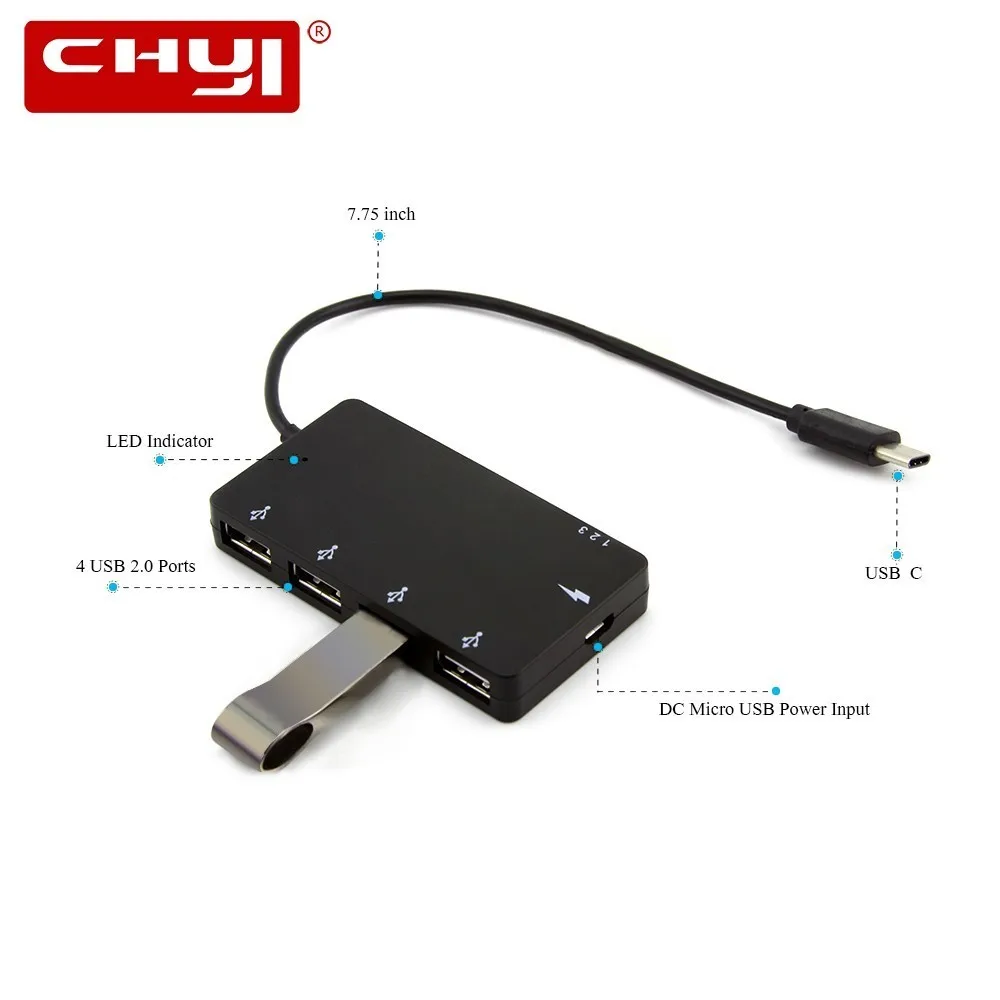 

CHYI 4 Ports Type C To Usb 2.0 Hub Multi Micro Combo Otg Usb2.0 Hab Splitter Mini PC Accessories With Indicator For Computer Mac