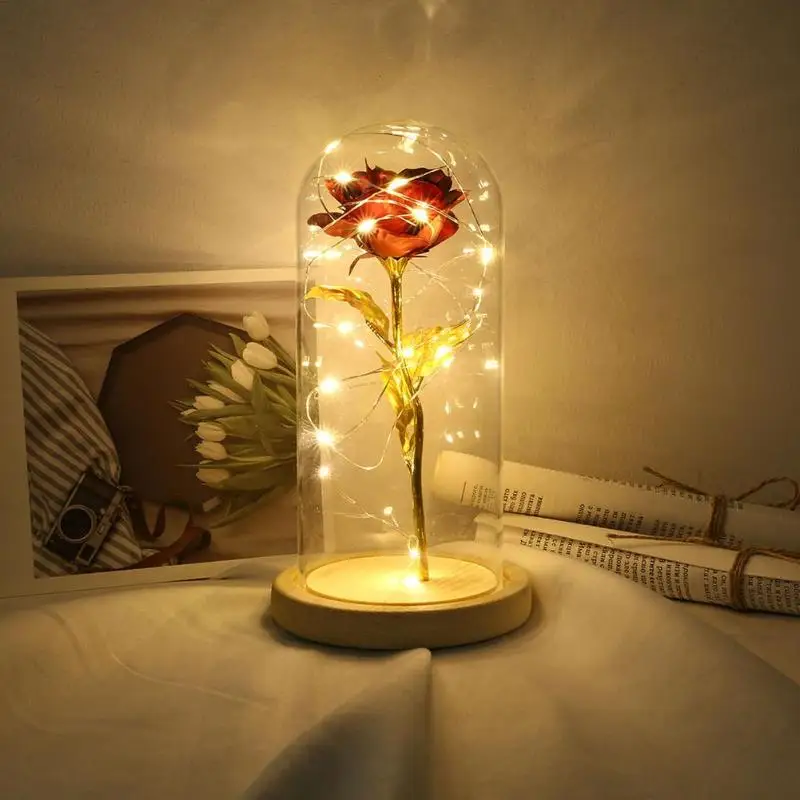 

Gold Foil Rose 20 LED Copper Wire String Light Glass Dome Wooden Base Night Lamp Home Room Desktop Birthday Party Decoration Hol