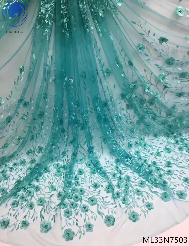 

BEAUTIFICAL Green lace fabric embroidered lace fabric african net lace fabric with beads high quality 5 yards/lot online ML33N75