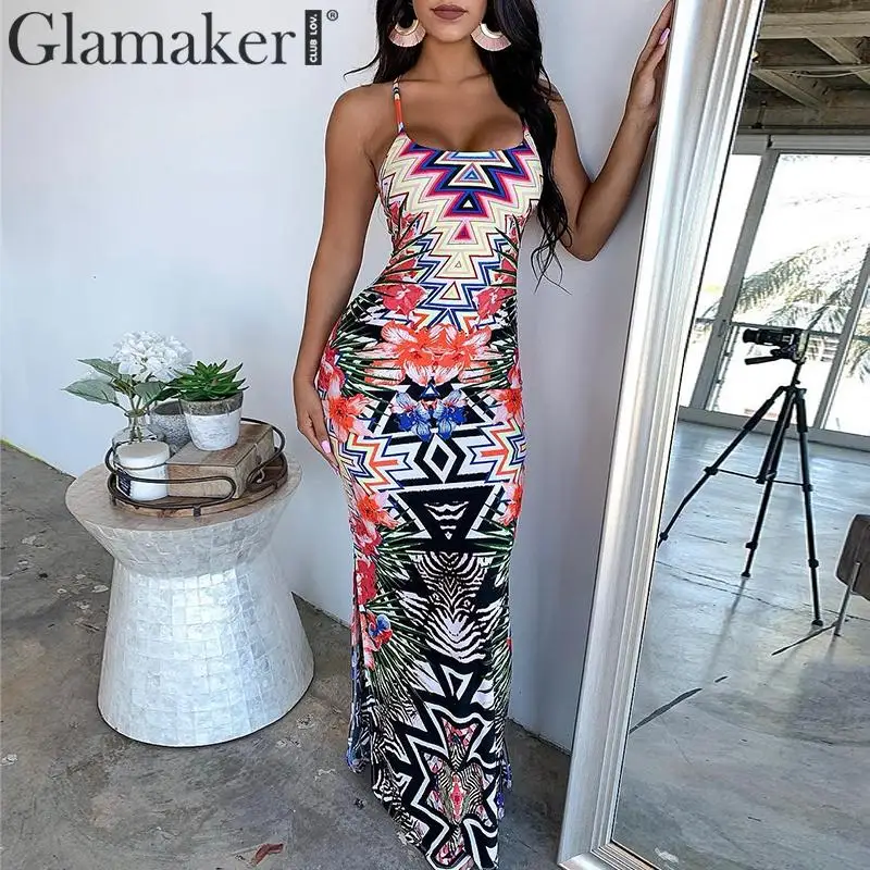 Glamaker, элегантное, винтажное, с принтом, длинный сарафан, для женщин, с открытой спиной, Пляжное, летнее, без рукавов, платье для вечеринки, женское Макси-Платье, vestidos