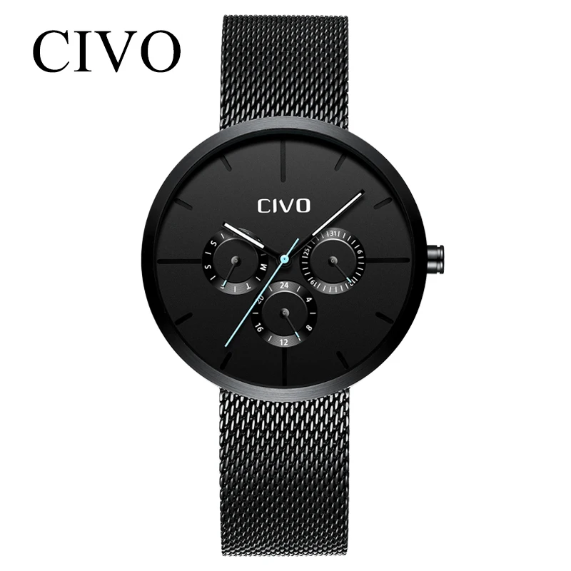 

CIVO Fashion Sports Watches For Men Black Steel Mesh Male Women Clock Waterproof Date Business Quartz Wristwatches reloj hombre