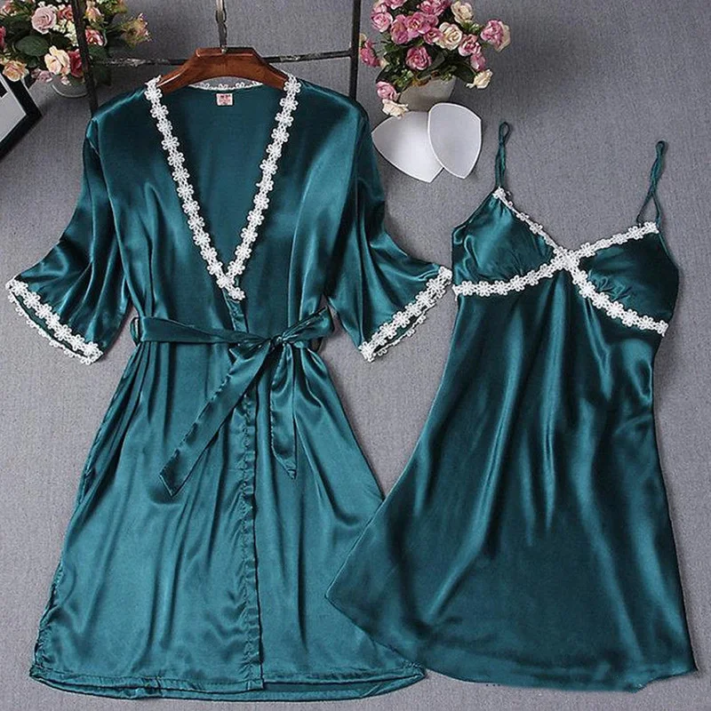 

2019 Women Sexy Silk Lace Robe Gown Sets Dress Babydoll Nightdress Sleepwear Kimono Long Sleeveless Autumn Ladies Costume New