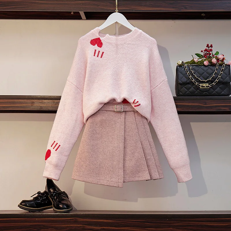 

Banulin Women Knit Heart Pattern Sweaters Tops + Wool Mini Skirt 2 Pieces Set 2019 New Ladies Autumn Winter Casual Knitted Suit