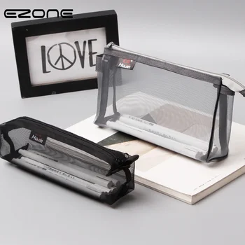 

EZONE Nylon Pen Bag Transparent Mesh Pencil Case Black/White/Grey Pencil Bag Zipper Design Portable Stationery Bag School Supply