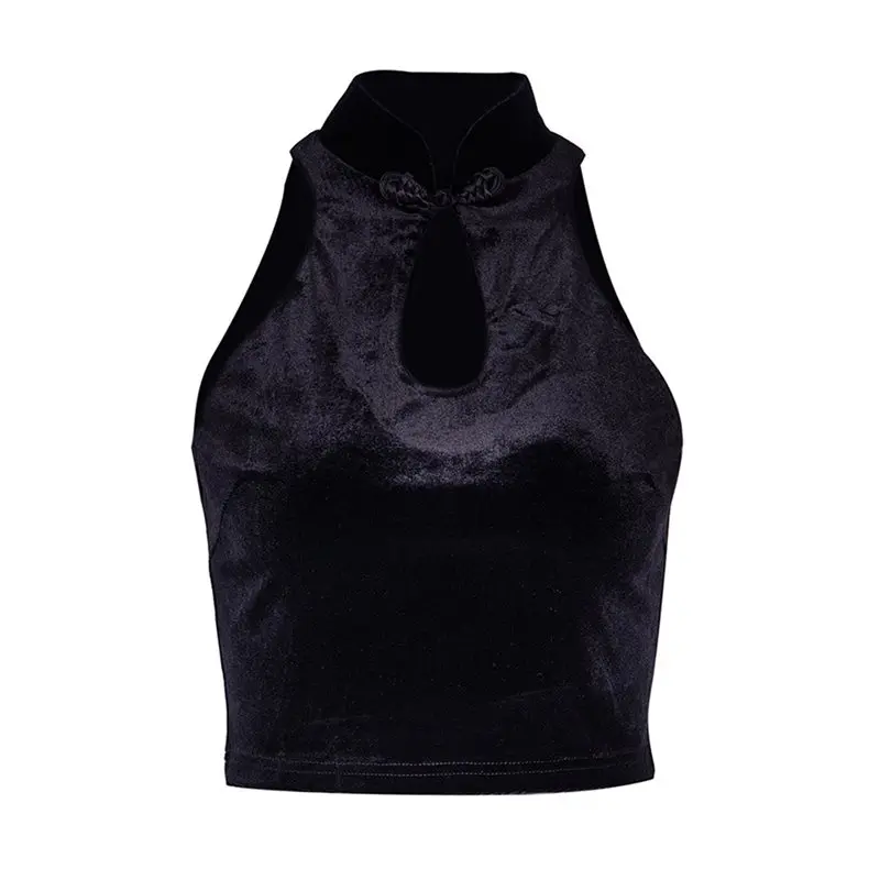 

Women Tank Tops Chinese Style Office Lady Sexy Club Gothic Punk Slim Ethnic Summer Turtleneck Black Female Fashion Short Tops