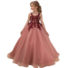 Little Girls Pageant Dresses Burgundy Applique Kids Evening Ball Gowns Formal Lace Tulle Flower Girl White First Communion Dress lovely little girls birthday dress flower girl dresses short sleeves ball gown button applique lace first communion gowns