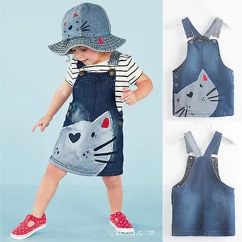 

FOCUSNORM 2016 Fashion Summer Cute Cat Baby Kids Girls Toddler Denim Jeans Overalls Dress Clothes Set 2-7Y