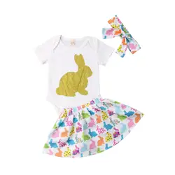 Пасхальное хлопковое боди с короткими рукавами и принтом кролика для новорожденных девочек, топы, трапециевидная юбка, платье, повязка на