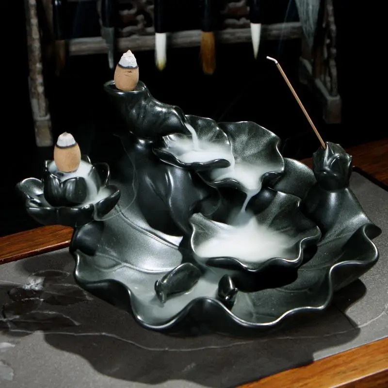 Lotus Leaf Backflow Incense Holder Smoke Waterfall Burner Ceramic Censer Mountain River Handicraft | Дом и сад