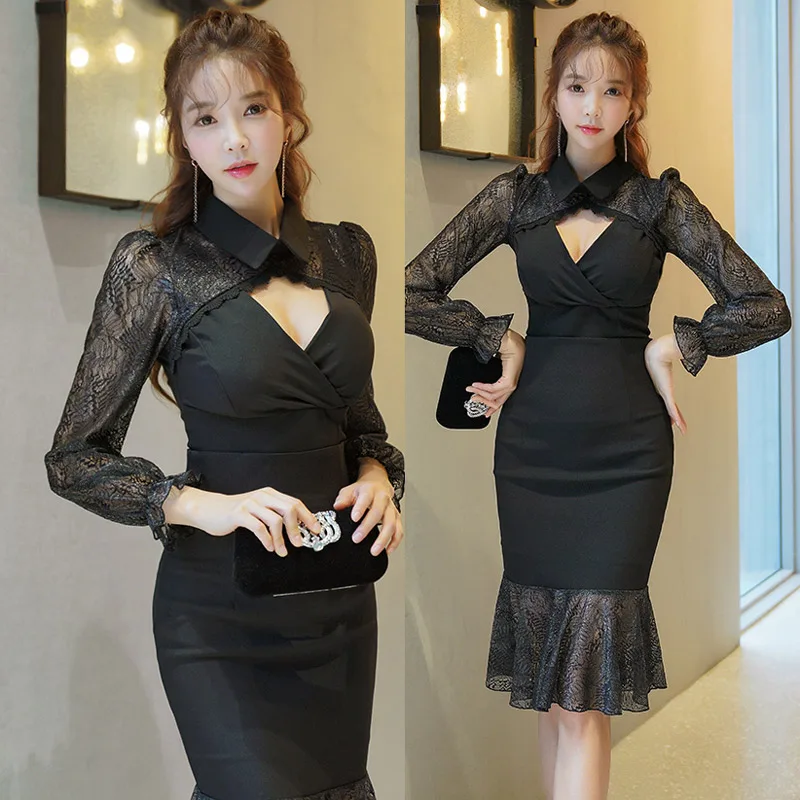 

Women spring new wear han edition two-piece aristocratic temperament turndown neck knee-length trumpet dress vestidos de festa