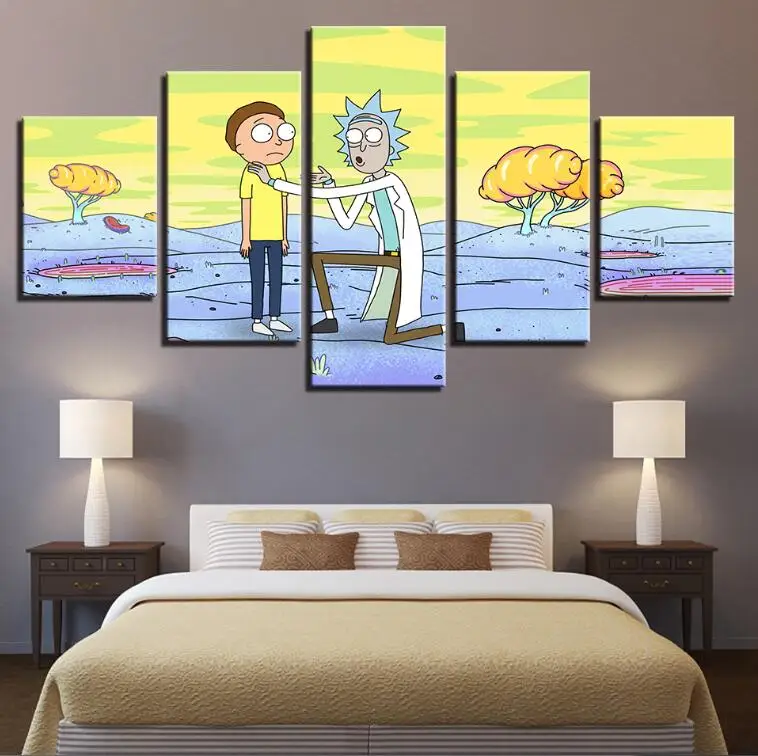 

Canvas Modular Decoration HD Wall Posters Picture On Art Home 5 Panel Rick And Morty Living Room Printed Modern Painting Frame