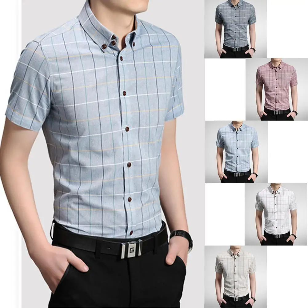 

Small Plaid Shirt Men Summer New Short Sleeve Cotton Mens Dress Shirts Casual Button Down Chemise Homme Masculina