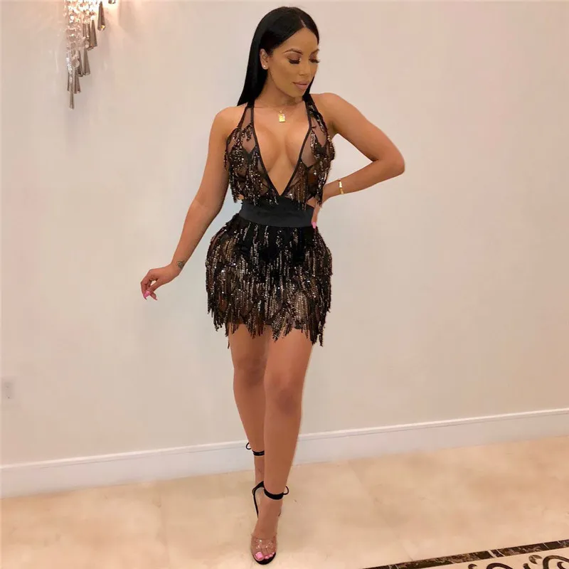 

Red Sexy Sequined Bandage Bodycon Dress Women Deep V Neck Tassel Dress Spaghetti Strap Backless Club Mini Party Dress Vestido